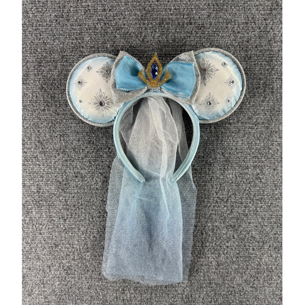 Disney Parks Elsa Frozen Minnie Mouse Ear Headband with Veil Blue Silver Tiara